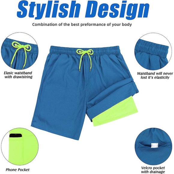 Swim Trunks Quick Dry Bathing Suit for Men with Compression Liner - Picture 6 of 7
